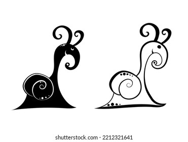 A set of snails. Decorative snail. Drawn with a line and a spot.