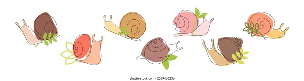 Set of snails of different forms. Vector one line flat. Isolated on white. Nature doodle concept. For cosmetic with snail mucin, print, store, fashion, accessories, media, postcard, package, wrapping.