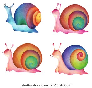 Set of Snails with Rainbow Shells. Vector Set