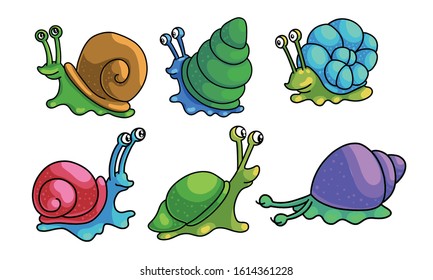 Set of snails with shells crawling vector illustration