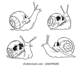 Set of snails with a skull shell. Collection of shellfish with a skull. Gothic. Vector illustration isolated on white background. Tattoo.