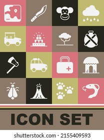 Set Snake, African hut, Canteen water bottle, Monkey, Chichen Itza in Mayan, Safari car, safari map and tree icon. Vector