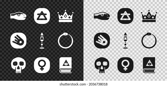 Set Snake, Air element, King crown, Skull, Venus, Ancient magic book, Comet falling down fast and Burning candle icon. Vector
