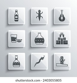 Set Snake, Cactus, Chichen Itza in Mayan, Tequila bottle, glass with lemon, Tabasco sauce and Mexican guitar icon. Vector