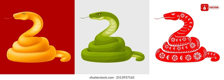 Conjunto de personajes de serpiente. 3D realista, dibujos animados y silueta con patrón floral en estilo tradicional chino. La serpiente es el símbolo del año Nuevo chino 2025, signo del zodiaco chino. Ilustración vectorial