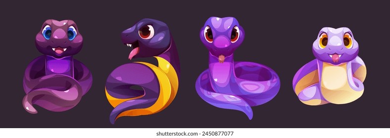 Set of snake characters isolated on black background. Vector cartoon illustration of cute purple, blue and yellow serpent mascots with smile, angry face, forked tongue and poisonous teeth, zoo pet svg