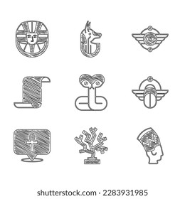 Set Snake, Coral, Nefertiti, Egyptian Scarab, Cross ankh, Papyrus scroll, symbol Winged sun and pharaoh icon. Vector