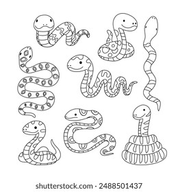 Conjunto de colección de garabato de serpiente, dibujo de contorno de serpiente para colorear página o libro de animales para jardín de infantes, línea de Vector conjunto de animales de la fauna, dibujado a mano, garabato de línea de serpiente mínima en diferente pose.