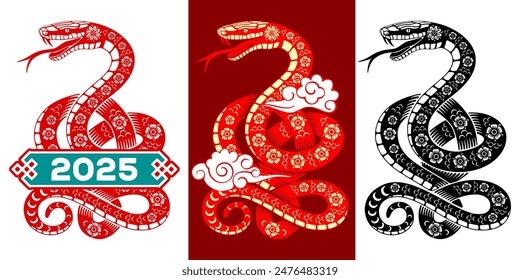 Set of snake drawings for Chinese New Year 2025. Silhouette, cartoon character with traditional floral pattern in oriental style. Vector illustration