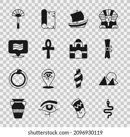 Set Snake, Egypt pyramids, Papyrus scroll, Egyptian ship, Cross ankh, Flag Of, fan and house icon. Vector