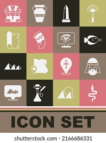 Set Snake, Egyptian man, Butterfly fish, Obelisk of Alexandria, Nefertiti, Papyrus scroll, Sphinx and Eye Horus icon. Vector
