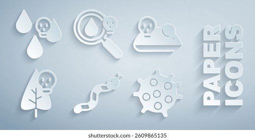 Set Snake, Experimental mouse, Poison flower, Bacteria, magnifying glass and Acid rain icon. Vector