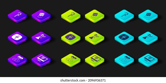 Set Snake, Eye of Horus on monitor, Cross ankh, Hookah, Nefertiti and Crook icon. Vector