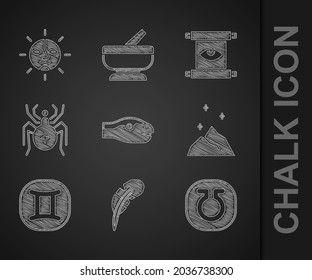 Set Snake, Feather pen, Life, Magic powder, Gemini zodiac, Spider, Ancient magic scroll and Sun icon. Vector