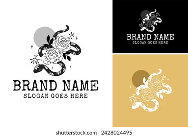 Set of snake and flower design illustration, snake vector black and white, snake logo design.

