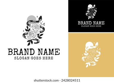 Conjunto de ilustración de diseño de serpiente y flor, vector de serpiente en blanco y negro, diseño de logotipo de serpiente.
