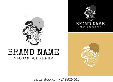 Set von Schlangen- und Blumen-Design-Illustration, Schlangenvektor schwarz und weiß, Schlangen-Logo-Design.
