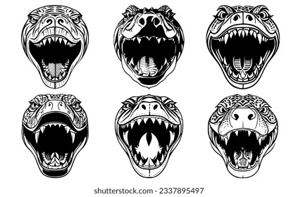 Set of snake heads with open mouth and bared fangs, with angry expressions of the muzzle. Symbols for tattoo, emblem or logo, isolated on a white background.