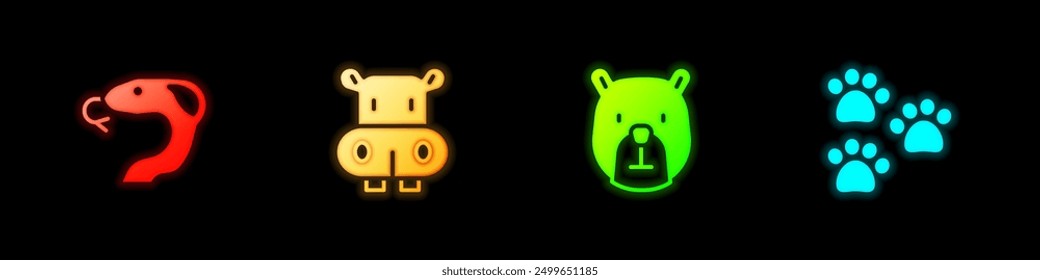 Set Snake, Hippo or Hippopotamus, Bear head and Paw print icon. Vector