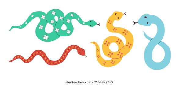Set of snake icon for Happy New Year 2025 design in Chinese style. Colorful snake zodiac sign design, for banner, poster, greeting card. Animal vector illustration. Asian holiday decoration calendar