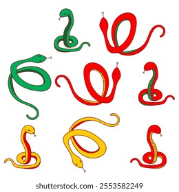 A set of snake icons. Simple doodle contour, red, yellow, green color variations on a white background. Zodiac animal, lunar new year, Chinese calendar. Stickers, greeting cards, web design, calendars