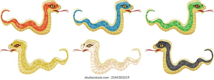 Conjunto de serpiente aislado sobre fondo blanco. Año de la Serpiente. Ilustración vectorial.