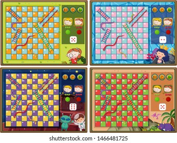Set of snake and ladder game with four backgrounds illustration