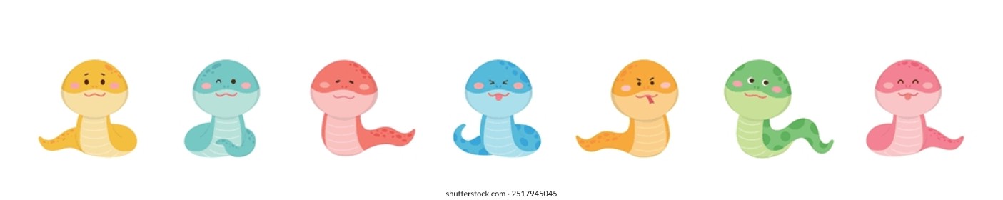 Set of snake mascots or characters, reptilian, cute and playful style, vector illustration, colorful