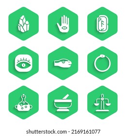 Ponga serpiente, mortero y almirez, libra zodiac, Ouroboros, veneno en botella, masones, carreras mágicas e ícono de piedra. Vector