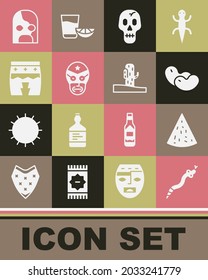 Set Snake, Nachos, Beans, Skull, Mexican wrestler, Huehuetl,  and Cactus icon. Vector