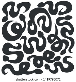 Set snake on white background. Snake silhouette. Pattern of reptile.Collection of snake. Line art. Flat design. Hand-drawn. Vector Illustration.