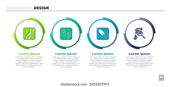 Set Snake paw footprint, Human footprints shoes,  and Magnifying glass with footsteps. Business infographic template. Vector