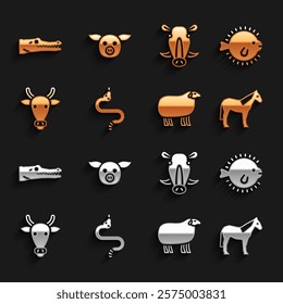 Set Snake, Puffer fish, Horse, Sheep, Cow head, Wild boar, Crocodile and Pig icon. Vector