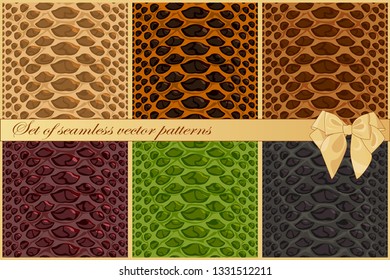 Set of snake and reptile skin vector patterns. Six textures of different colors. Fashion print for clothing, wallpaper, textiles, covers, background
