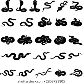 Set of snake silhouettes, including cobras, vipers, and rattlesnakes in striking and coiled poses.