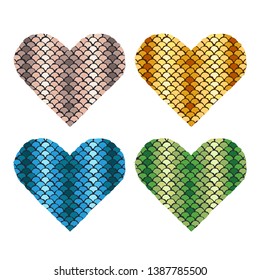 Set of snake skin in shape of heart. Trendy animal print. Fashion vector illustration.