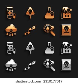 Set Snake, Smoke from factory, Radioactive waste in barrel, Poison magnifying glass, Acid rain, Beaker with toxic liquid, Antidote and Bones and skull icon. Vector