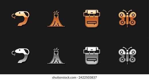 Set Snake, Volcano eruption, Hiking backpack and Butterfly icon. Vector