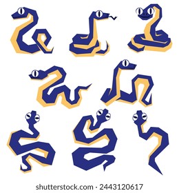 A set of snakes in 2025, blue in color and geometrically crawling. Isolated sinuous snakes in different poses. Modern vector illustration in a flat style. The 2025 collection of two-color snakes