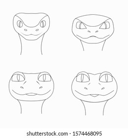 Set with snakes. Black and white doodle style illustrations. Coloring. Linear picture. Cartoon heads of snakes or turtles.
