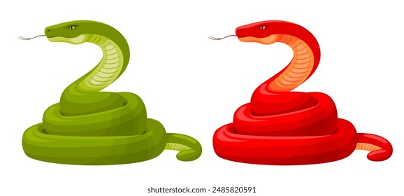 Set of snakes cartoon drawings. Snake is symbol of the Chinese New Year 2025, Chinese horoscope zodiac sign. Green and red colors. Vector illustration