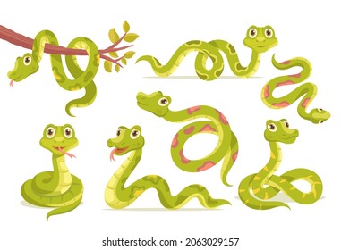 Set of snakes. Collection of images with cartoon characters. Images for printing on childrens clothing. Poster, banner, sticker. Cartoon flat vector illustration isolated on white background