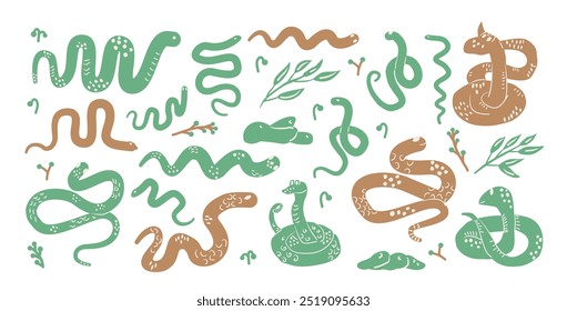 Conjunto de cobras. Kit de répteis rastejantes. Ilustração de coleção plana desenhada à mão do vetor isolada no fundo branco.