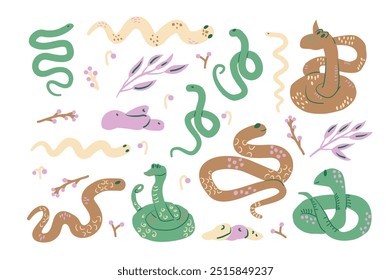 Conjunto de cobras. Rastejando réptil com folhas e bagas kit. Ilustração de coleção plana desenhada à mão do vetor isolada no fundo branco.