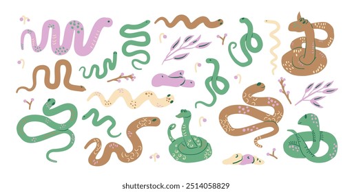 Conjunto de cobras. Personagens répteis bonitos com folhas e bagas kit. Ilustração de coleção plana desenhada à mão do vetor isolada no fundo branco.