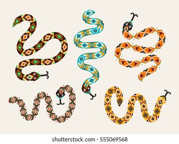Set of snakes with a decorative tribal print, beaded applique, boho style, trendy decoration, patch, patch, embroidery pattern.