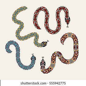 Set of snakes with a decorative tribal print, beaded applique, boho style, trendy decoration, patch, patch, embroidery pattern.