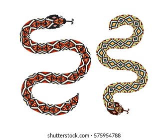 Set of snakes with a decorative tribal print, beaded applique, boho style, trendy decoration, patch, patch, embroidery pattern.