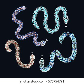 Set of snakes with a decorative tribal print, beaded applique, boho style, trendy decoration, patch, patch, embroidery pattern.