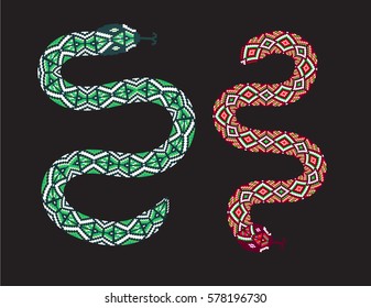Set of snakes with a decorative tribal print, beaded applique, boho style, trendy decoration, patch, patch, embroidery pattern.